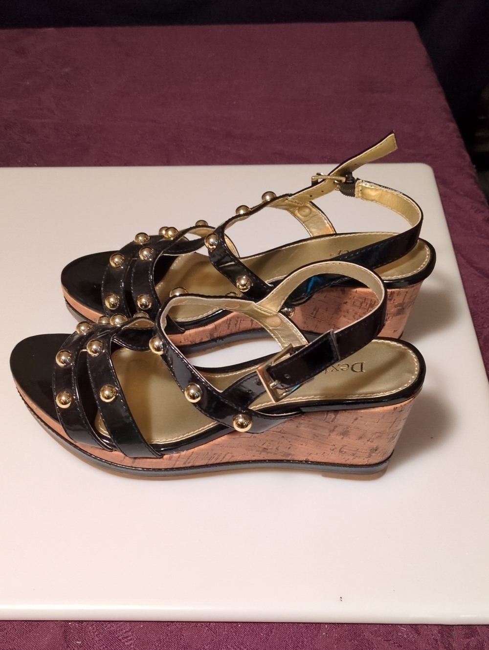 Vintage Y2K Dexter Black Studded Cork Wedge Sandals Size 7W